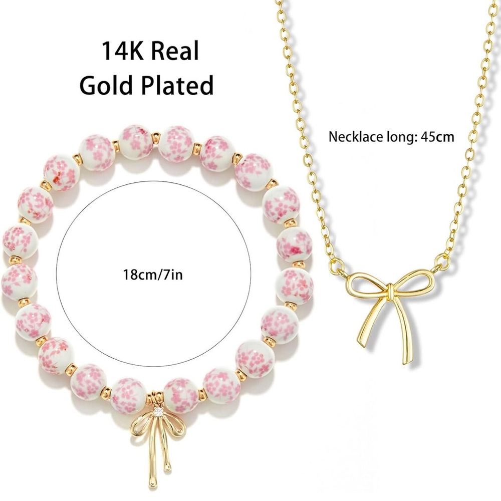 14K Gold Beaded Bow Bracelet Necklace Set - Picture 4 of 5